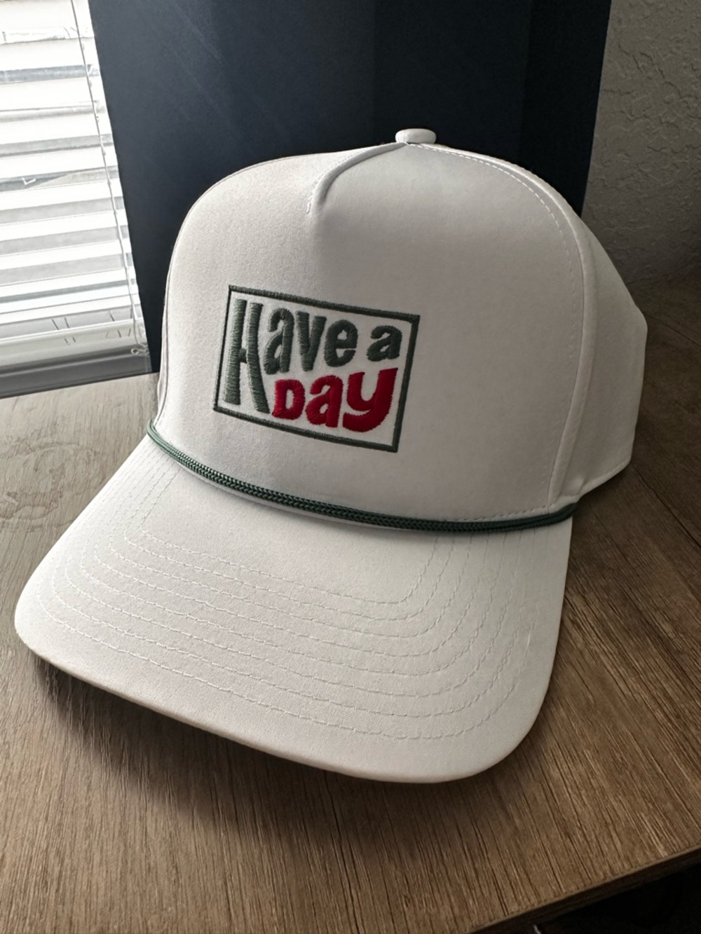 Have a Day White Baseball Cap with Green and Red Embroidery